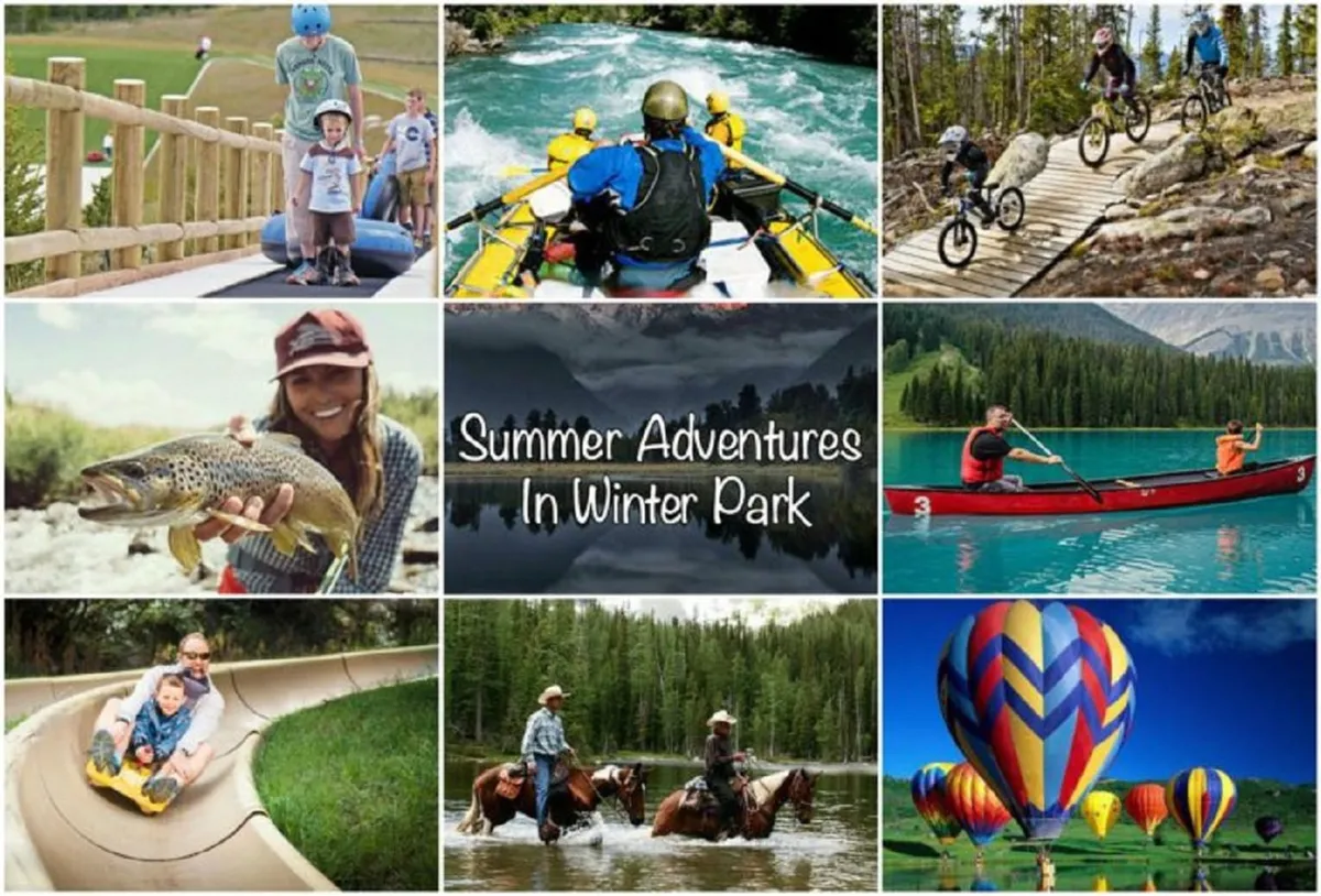 A lively collage of outdoor family adventures across seasons, including rafting, fishing, mountain biking, horseback riding, kayaking, and a water slide, set against beautiful mountain landscapes. The scene radiates energy and showcases the diversity of warm-weather activities.