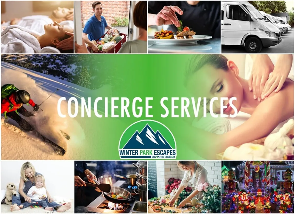A collage-style interior shot with visual vignettes of skiing, spa treatments, cooking, family time, food delivery, and festive holiday decorations. The scene suggests a space buzzing with activity and comfort, offering glimpses of both adventure and relaxation, all within the home environment.