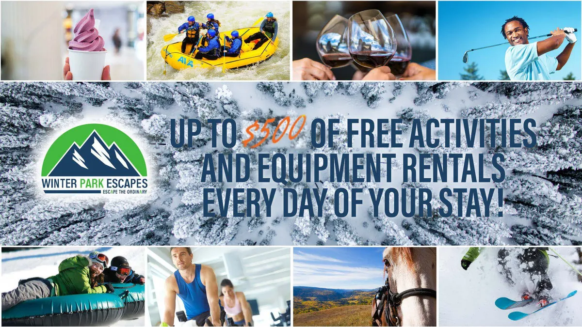 A dynamic exterior image showcasing a variety of adventure activities, including rafting, skiing, and golf, set against scenic outdoor backdrops. The image exudes energy and excitement, appealing to families seeking memorable experiences.