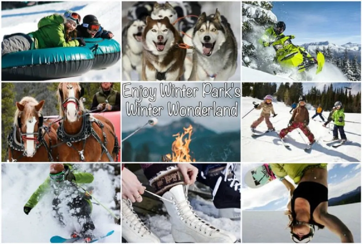 A vibrant winter scene featuring snow tubing, Siberian huskies, snowmobiling, horse-drawn sleigh rides, skiing, ice skating, and children enjoying the snow. The image is dynamic and full of joyful energy, capturing a broad spectrum of wintertime activities available nearby.
